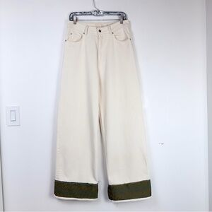 Relaxed Cream Wide-Leg Jeans with pattern Cuff